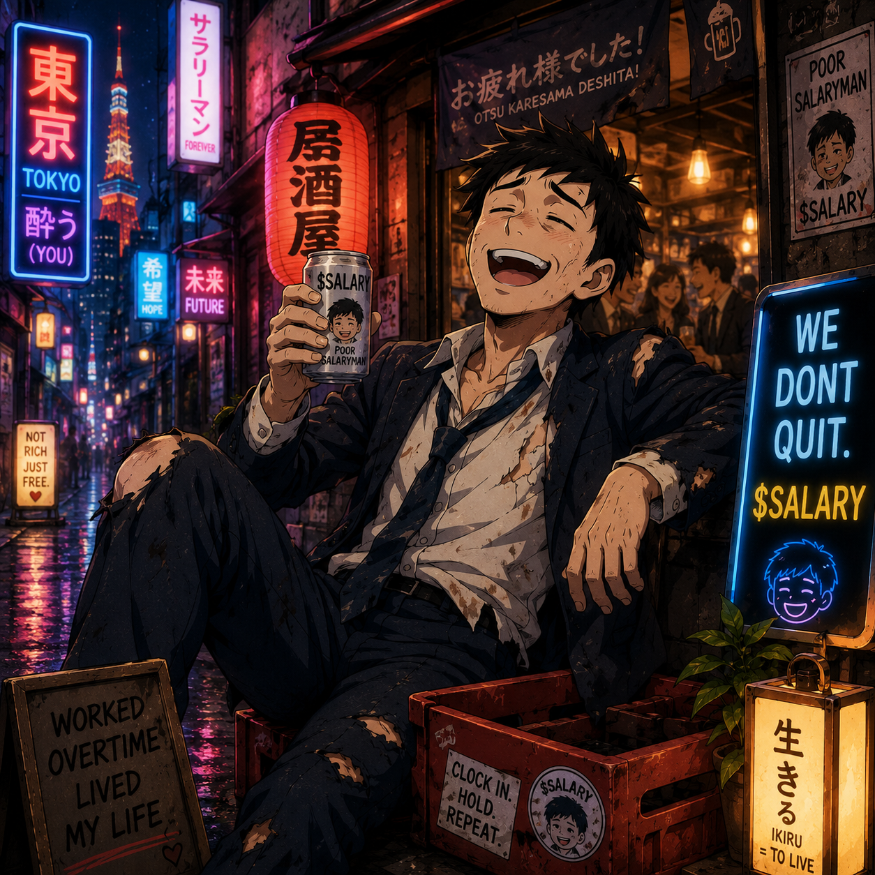 The Salaryman mascot β worn suit, neon Tokyo alley, holding a $SALARY can